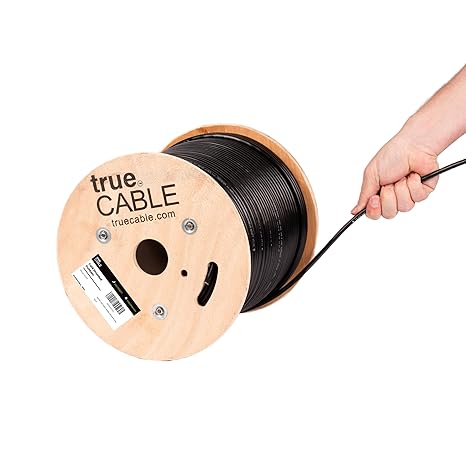 TRUE CABLE Cat6 Outdoor Bulk Ethernet Cable, Shielded F/UTP, 500ft, Black, UV Resistant, OSP Jacket, 23AWG Solid Bare Copper, 550MHz, PoE++ (4PPoE)