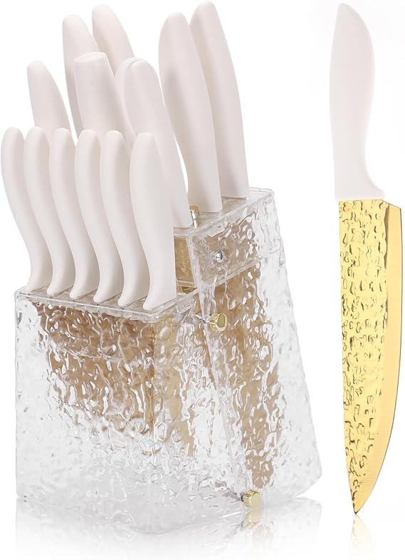 Kitchen Knife Set Non Stick Knives Set with Block Cutlery Knife Block Sets, Serrated Steak Knife, Scissors and Sharpener, 15Pcs Stainless Steel Chef