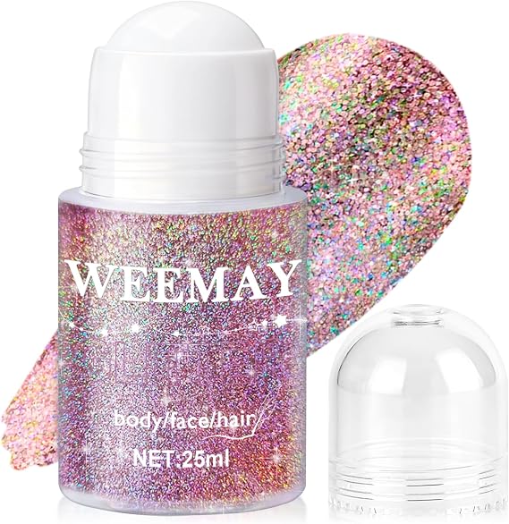 Roll-on Holographic Body Glitter Gel for Face and Hair, Chameleon Color Changing Glitter Gel Under Light, Body Shimmer for Carnival and Rave Accessories Makeup (Metallic Beauty Beam)