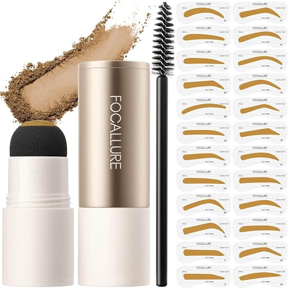 FOCALLURE Eyebrow Stamp and Eyebrow Stencil Kit, 24 Reusable Brow Shape, Sweatproof Eyebrow Powder, Long-Lasting, Easy to Use, Filling and Shaping Perfect Eyebrow Makeup, BLONDE