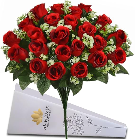 41cm Artificial Silk Red Rose Bush with Gyp & Foliage 24 flower heads- Wedding Grave Home Decoration