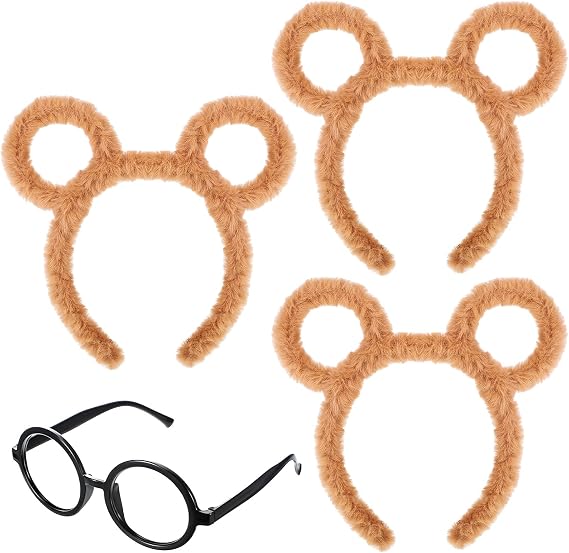 Syhood 4 Pcs Chipmunk Ears Headband with Glasses Tamias Costume, Classic | Tamias Chipmunk Theme Fuzzy Mouse Design for Halloween Christmas, Black Round Frame Included, Party Cosplay Dress up