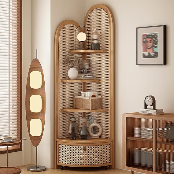 Freestanding Bookshelf with Removable Storage Basket Corner Cabinet Rattan Corner 4 Tier Elongated Multilayer Storage Cabinet Open Bookshelf Corner Shelf Open Shelf Rack High Display Storage Rack Corner Storage Shelves for Living Room, Office, Bedroom, Wood