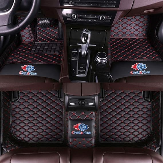 Custom Car Floor Mats for Cadillac SRX XT4 XT5 XT6 XTS DTS CTS CT5 ATS XLR STS Escalade Deville Floor Liner Waterproof All Weather Protection Front&Rear Leather/Set (Black Red)