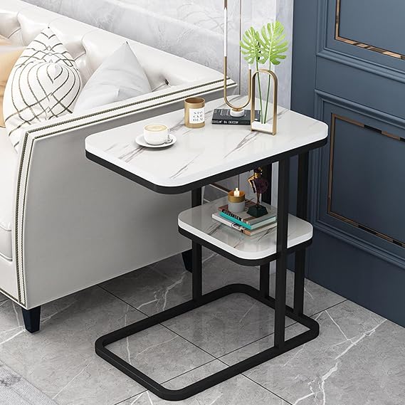 C Shaped End Table with Storage,C Side Table for Couch,Living Room,Bedroom and Small Spaces Snack Tables,Black White