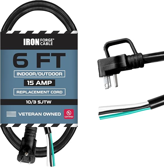 Iron Forge Cable Right Angle Replacement Power Cord, 10 AWG, 6 Ft - Black