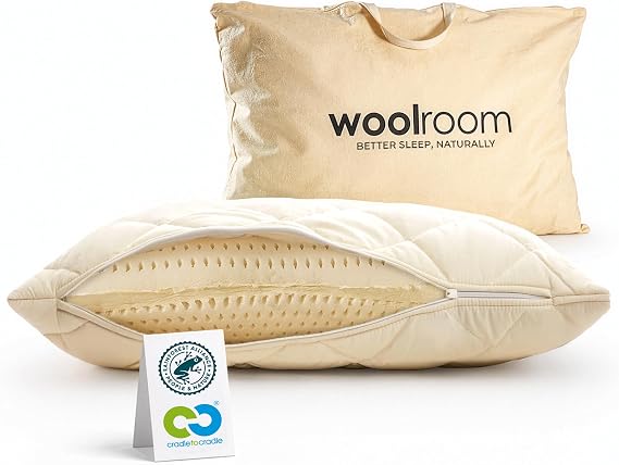 WOOLROOM All Natural Latex Bed Pillow Standard Size - Pressure Relieving Latex Pillow - Molds to Your Head - Encased in Traceable Machine Washable British Wool Organic Cotton Champagne Cover