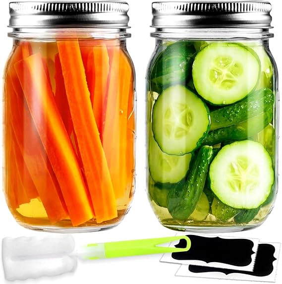 Leaflai 2 Pack 16oz Glass Mason Jars with Airtight Lids - Regular Mouth Canning Jars for Jam, Honey, Jelly, Pickling, Meal Prep, Overnight Oats, Smoothies, Salads - Wedding Favors, Party & Gift
