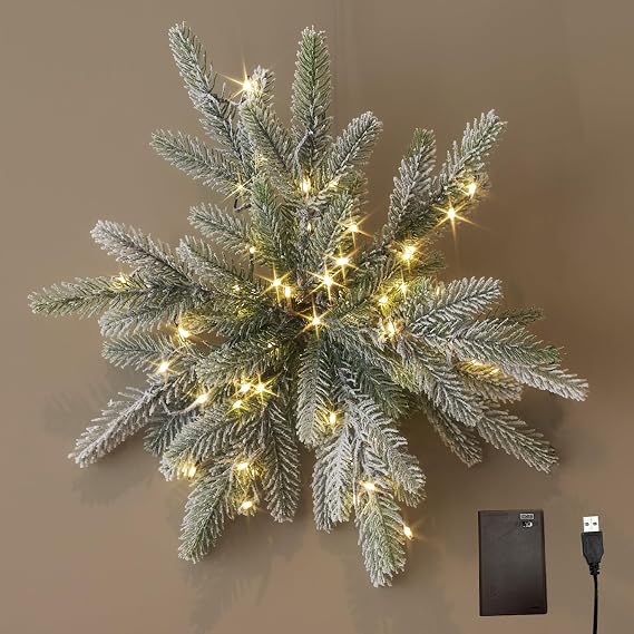 Hairui Snow Dusted Pine Snowflake Lights with Timer Battery Operated and USB Plug in 60 LED Fairy Lights 16IN for Window Christmas Decoration