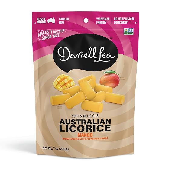 Darrell Lea Mango Soft Australian Made Licorice 7oz Bag - NON-GMO, Palm Oil Free, NO HFCS, Vegetarian-Friendly & Kosher | Made in Small Batches with Ethically-Sourced, Quality Ingredients, Ounce (Pack of 1)