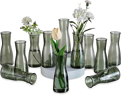 Glasseam Glass Bud Vases for Centerpieces: Clear Flower Vase Set of 12 Modern Small Vases for Flowers Minimalist Cute Decorative Vases for Decor Wedding Table Dining Room Decoration Green