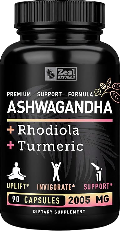 Zeal Organic Adaptogenic Ashwagandha Complex | 2005mg, 90 Capsules | Organic Ashwagandha Root Powder + Rhodiola Rosea + Turmeric | 3-in-1 Stress Relief, Energy & Joint Support Supplement