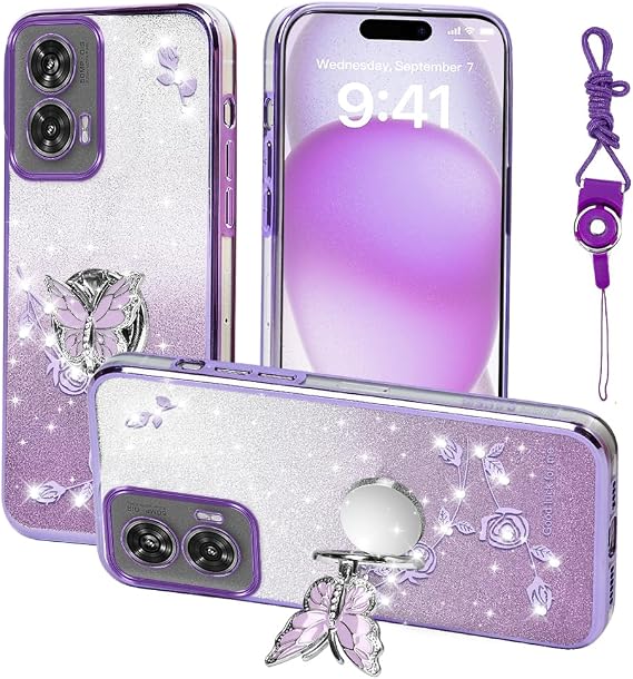 for Motorola Moto Edge 50 Fusion 5G Phone Case,for Moto G96 Mobile Phone Case for Women and Girl, Glitter Butterfly Floral TPU Protective Cover with Kickstand+Strap for Edge 50 Fusion (Purple)