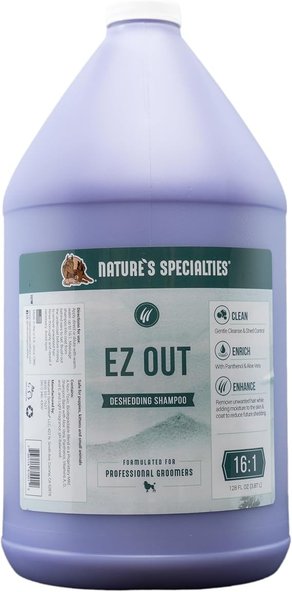 Nature's Specialties EZ Out Deshedding Ultra Concentrated Dog Shampoo for Pets, Makes up to 4 Gallons, Natural Choice for Professional Groomers, Removes Unwanted Hair, Made in USA, 1 Gal