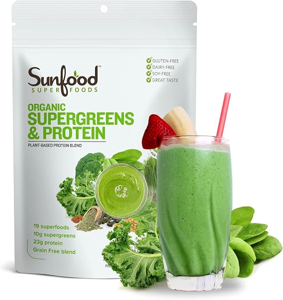 Sunfood Superfoods Organic Supergreens & Protein Powder - Superfood Greens Blend Powder, Super Greens with Chlorella & Spirulina, 23g Protein & 5g Fiber Per Serving, Mix into Drinks - 8 oz