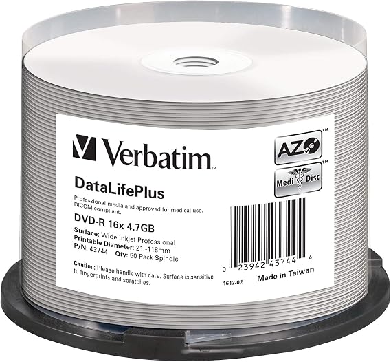 Verbatim DVD-R 4.7 GB - 16 x Burn Speed - DataLifePlus - Large Printable - Pack of 50 on Spindle Customisable