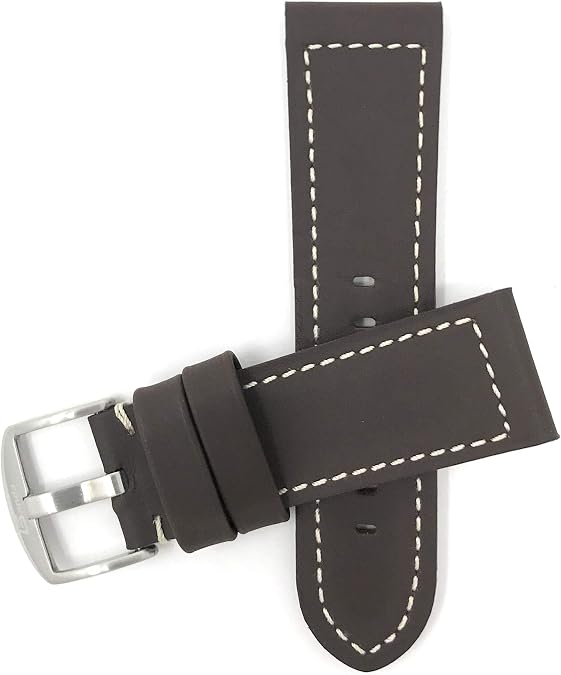 Bandini Mens Leather Watch Band Strap, Mat, White Stitch, Thick, Racer, Large Buckle, 6 Colors (20mm, 22mm, 24mm, 26mm, 28mm, 30mm, 32mm)