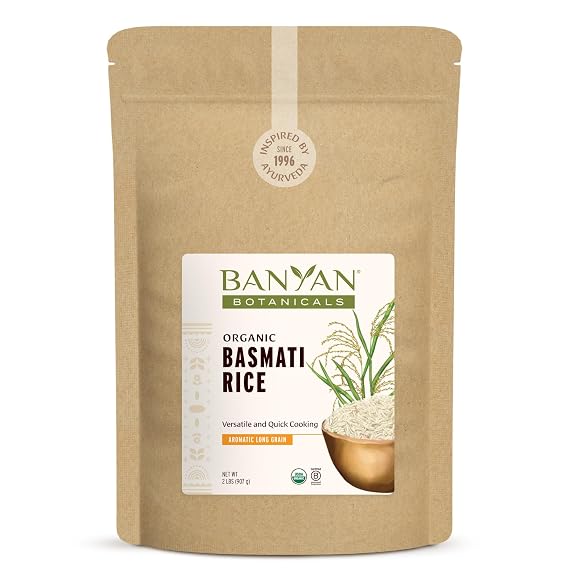 Banyan Botanicals White Basmati Rice Organic & Pure Basmati Rice for Cooking Healthy Meals and Making Kitchari With Resealable Zipper Bag 2 lbs Non-GMO Sustainably Sourced Vegan