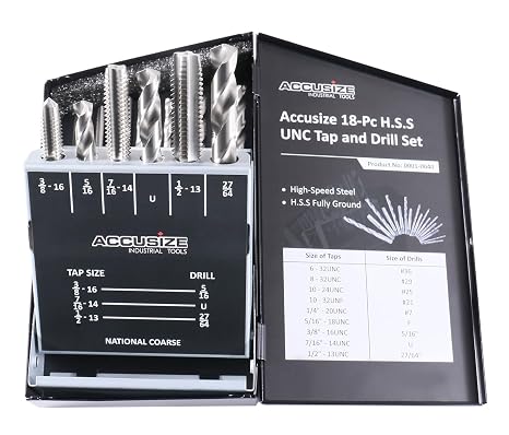Accusize Industrial Tools HSS Tap and Drill Set, UNC, 18 Pc, 0001-0040 | 18 Pc HSS Tap and Drill Set, UNC, Taps: 6-32 to 1/2-13, Drills: #36 to 27/64 in, Fully Ground, ANSI Standard