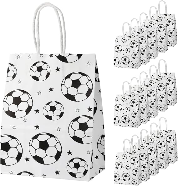 SAVITA 16pcs Soccer Party Favor Paper Bags, White Football Bag Football Themed Party Gift with Handles Soccer Goodie Treat Candy Snack Bags for Kids Adults Team Supplies