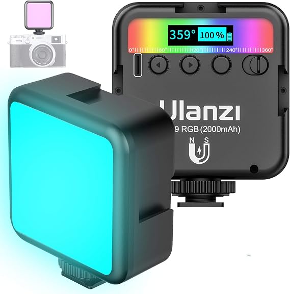 VIJIM Ulanzi VL49 RGB Video Light w 3 Cold Shoe,Mini Rechargeable LED Camera 360degFull Color Portable Photography Lighting Support Magnetic Attraction,2500-9000K Dimmable LED Panel Lamp w LCD Display