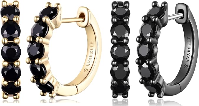 Evabelle 2 Pieces Gold Hoop Earrings for Women 14K Real Gold Plated Black Earrings for Men Small Gold Hoop Earrings Huggie Silver Hoop Earring Diamond Cut Cubic Zirconia 925 Sterling Silver Post
