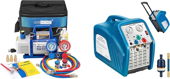 VIVOHOME 110V 1/4 HP 3.5 CFM Single Stage Rotary Vane HVAC Vacuum Pump AC Manifold Gauge Set Kit with Thermometer, and 3/4HP Single Cylinder Portable HVAC Refrigerant Recovery Machine