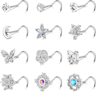 Ubjuliwa 12Pcs 20G Stainless Steel Nose Rings and Studs for Women - Screw L Shaped With Cubic Zirconia Moon Star Snowflake Flower Butterfly Piercing