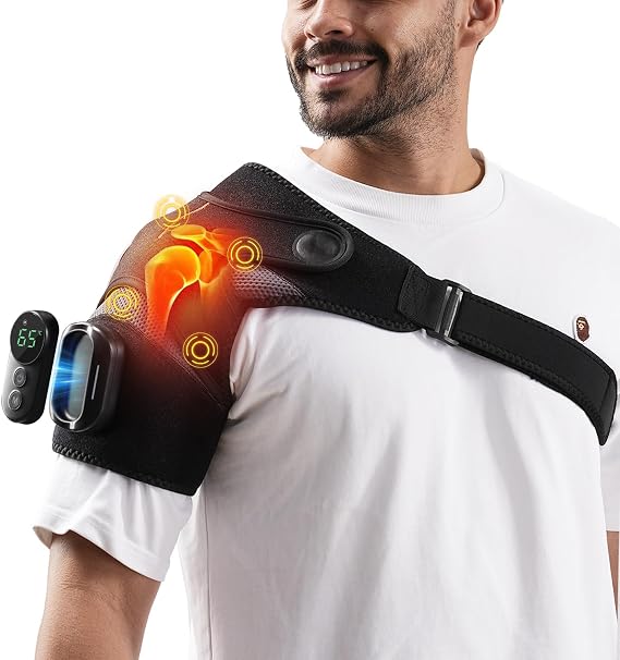 HOMRELEXA Cordless Shoulder Heating Pad with Magnetic Detachable Remote Control - Heated Massager Shoulder Wrap with 5 Vibration Modes & 5 Heating Levels, Gift for Men & Women, Black