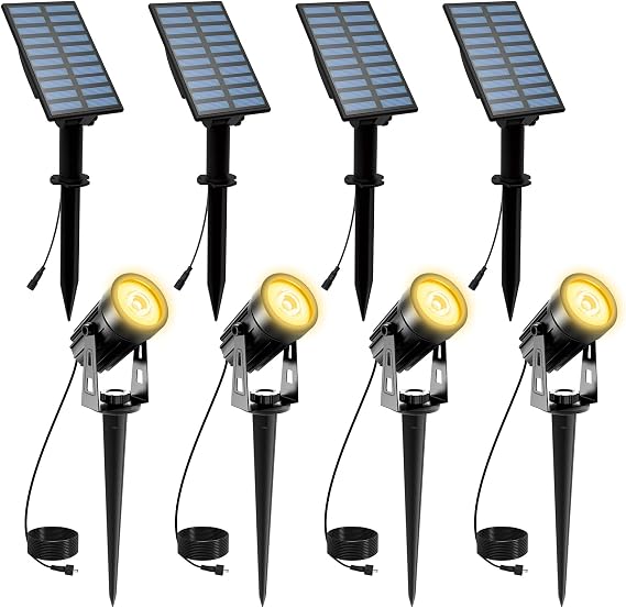 4 Pack Solar Landscape Spotlights, T-SUNUS Garden Spot Light IP65 Waterproof 9.8ft Cable, 2000mAh Separated Panel, Auto On/Off for Garden Driveway Pathway Pool Area Warm White 3000K