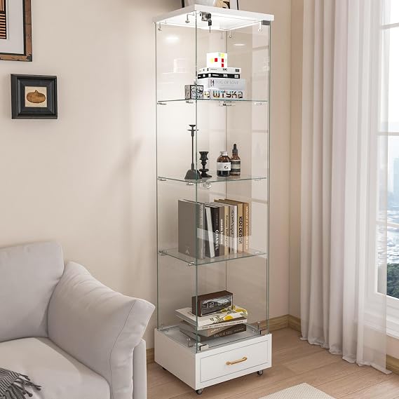LED Lighted & Drawer Glass Display Cabinet | Tempered Glass Storage Shelf with Key | Living Room Bedroom 4 Tier 1 Door White A