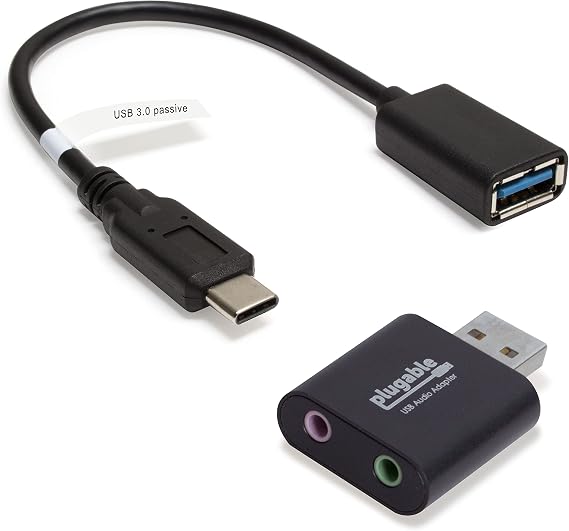 Plugable USB Audio Adapter Bundle with USB C to USB Cable, 3.5mm Speaker-Headphone and Microphone Jack, Add an External Stereo Sound Card to Any PC, Compatible with Windows, Mac, and Linux