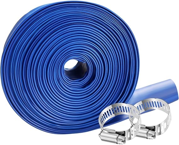 PVC HOSE 1-1/2"*100ft, Pool Backwash Hose, Heavy Duty Reinforced Blue PVC Discharge Hose Lay Flat Water, For Swimming Drain Pools and Clean Filters, with 2 Clamp
