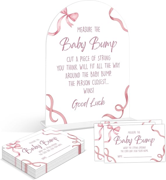 Baby Shower Games - Pink Bow Measure The Baby Bump Game, 1 Arch Acrylic Sign and 50 Guessing Cards, Gender Reveal Game, Pink Baby Shower Decoration Supplies (DP01)