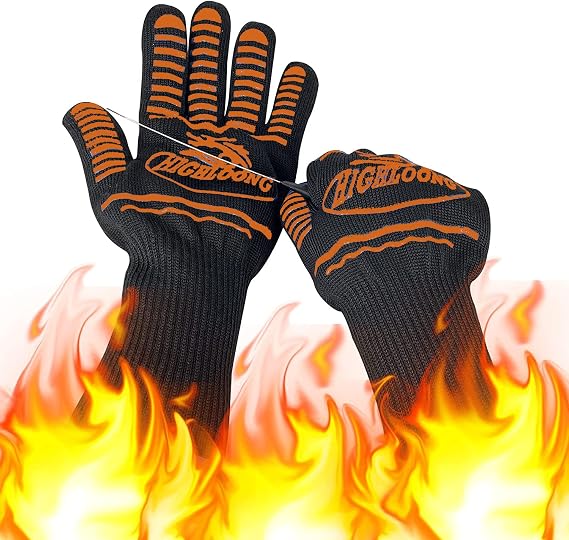 BBQ Gloves, Oven Gloves Original 2 Pack1472F Extreme Heat Resistant, Grilling Gloves Silicone Non-Slip Oven Mitts, Kitchen Gloves for BBQ, Grilling, Cooking, Baking (2 pieces set) (Orange Strips Long)