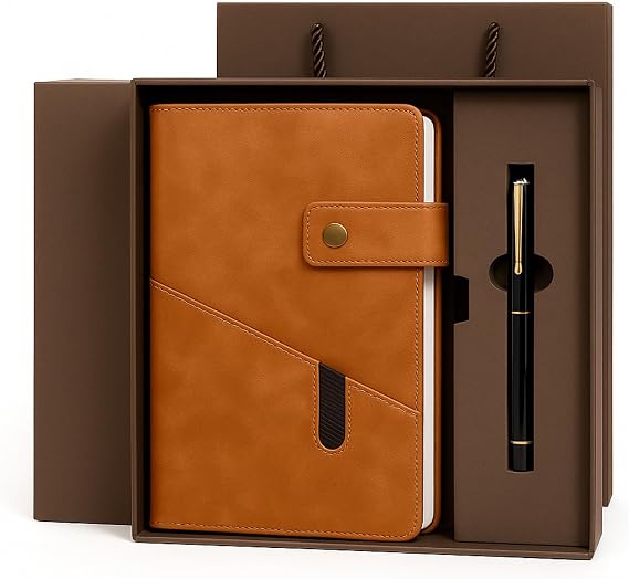 SIMDAO Notebook and Pen Gift Set, A5 Lined Leather Journal Notebook with Pen Gift Box Gift Bag, 200 Pages 100 Gsm Thick Ruled Paper, Personal Organiser Leather Journal, A5 Diary for Men Women,Brown