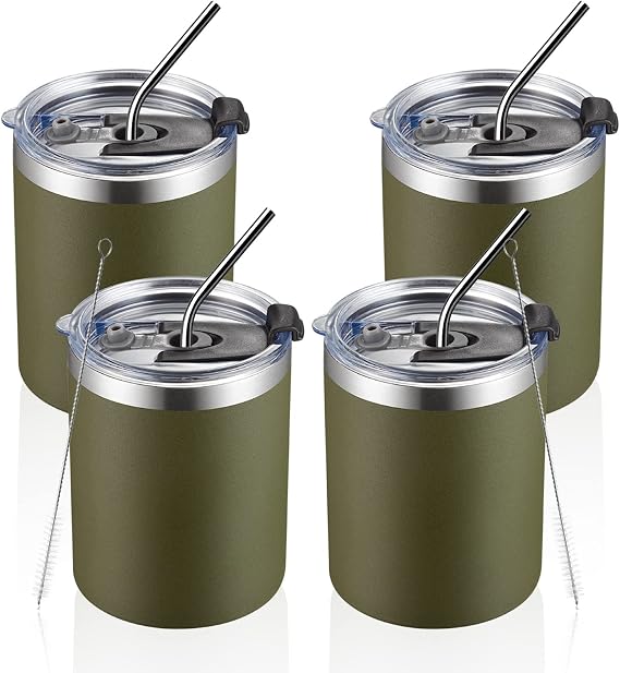 MEWAY 12 oz Lowball, Tumbler Stainless Steel Double Wall Vacuum Insulated Mug with Straw and Lid, Cleaning Brush ,Durable Powder Coated Insulated Coffee Cup for Cold & Hot Drinks (Army Green,4 pack)