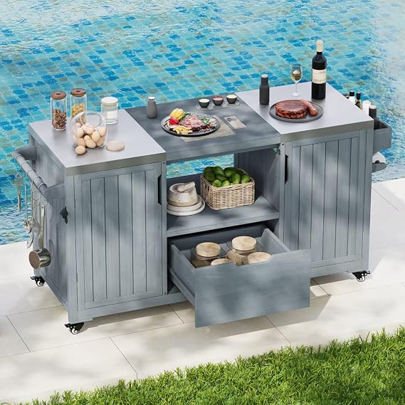 66.5" Outdoor Kitchen Island for Big Green Egg Grills, Solid Wood Outdoor Grill Cart for Tabletop Grill with Stainless Steel Top, Drawer, Compatible with Large Big Green Egg, Kamado Joe- Grey Blue