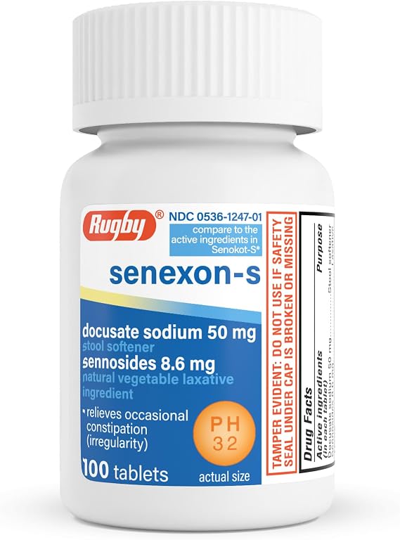 Rugby Senexon-S, Docusate Sodium 50mg, Sennosides 8.6mg, 100 Count (1-Pack)