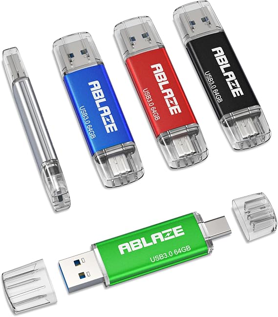 ABLAZE Type C Flash Drive 64GB 5 Pack, Dual USB 3.0+USB C Thumb Drives | Compatible with iPhone 17/16/15, Android Smartphone, Computer,Tablet Mac Laptop, Mixed 5 Colors