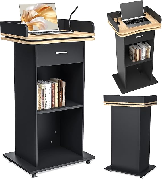 Lectern Podium, Wooden Podium with Pull-Out Drawer & Wheels, Premium Tall Solid Wood Pulpit Lectern with Double-Layer Storage Shelf, Lectern for Church, Presentation, School, Seminar (110x46x60cm)