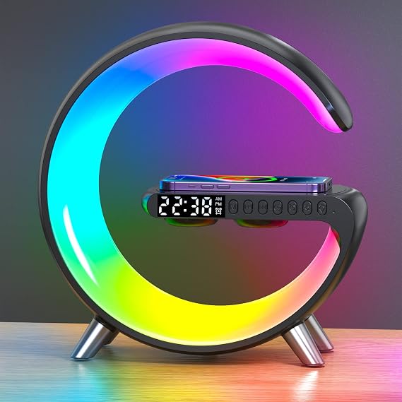 Smart Lamp with Wireless Charger & Bluetooth Speaker, 4-in-1 Multifunctional Desk Light, App Control, Night Light, Alarm Clock for Home, Office, Bedroom Decor (Black)
