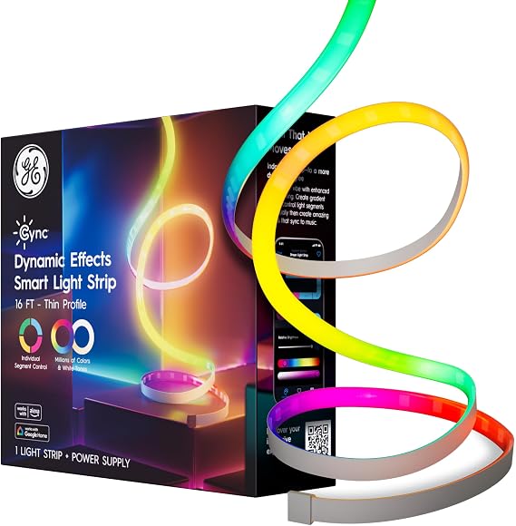 Cync GE Dynamic Effects Smart LED Light Strip with Music Sync, Color Changing WiFi Lights, Indoor Light Strip, Compatible with Alexa and Google Home, 16ft and Power Supply
