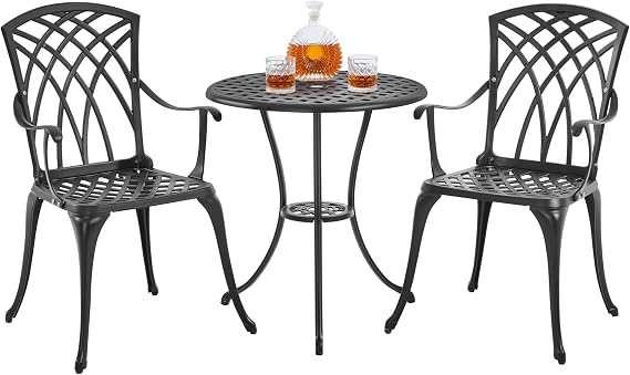 Yaheetech Patio Bistro Set 3-Piece Outdoor Cast Aluminum Table and Chairs Set, All Weather Patio Furniture with Umbrella Hole for Garden/Backyard/Porch/Balcony/Lawn/Pool, Black