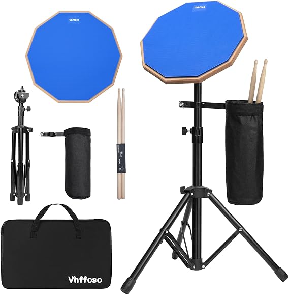 12 Inch Practice Drum Pad with Stand and Sticks, Beginner Snare Drum Pad with Drumsticks and Carrying Bag, Double Sided Silent Drum Pad (Blue)