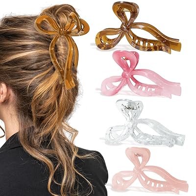 4PCS Large Acrylic Bow Hair Clips for Women, 5 Non-Slip Jelly Color Stylish Clips for Thick Hair