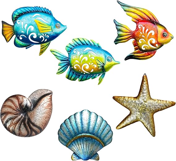 BVLFOOK Metal Beach Wall Decor Fish & Shell 6 Pcs