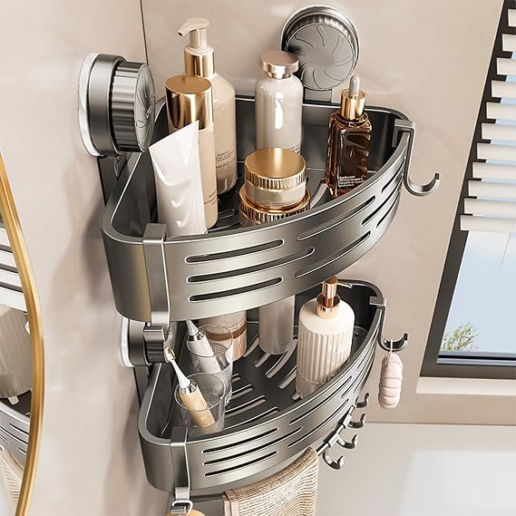 Suction Cup Shower Caddy, Adjustable Layer Corner Shelf with Hooks, Rustproof ABS Shower Organizer, No Drill Bathroom Storage for Soap, Shampoo, and Toiletries