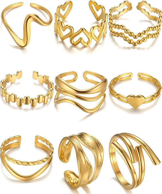 BETTY&SARAH 9PCS Gold Rings for Women Non Tarnish, 18K Gold Plated Chunky Adjustable Stackable Rings, Open Stacking Knuckle Ring Set Gifts