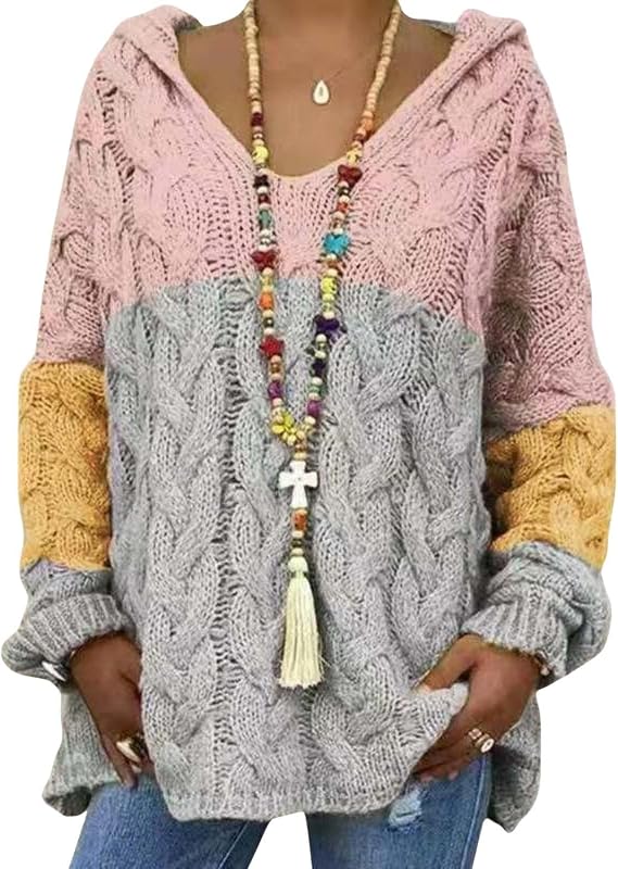 Fall Knit Hooded Sweater for Womens Casual Chunky Sweater